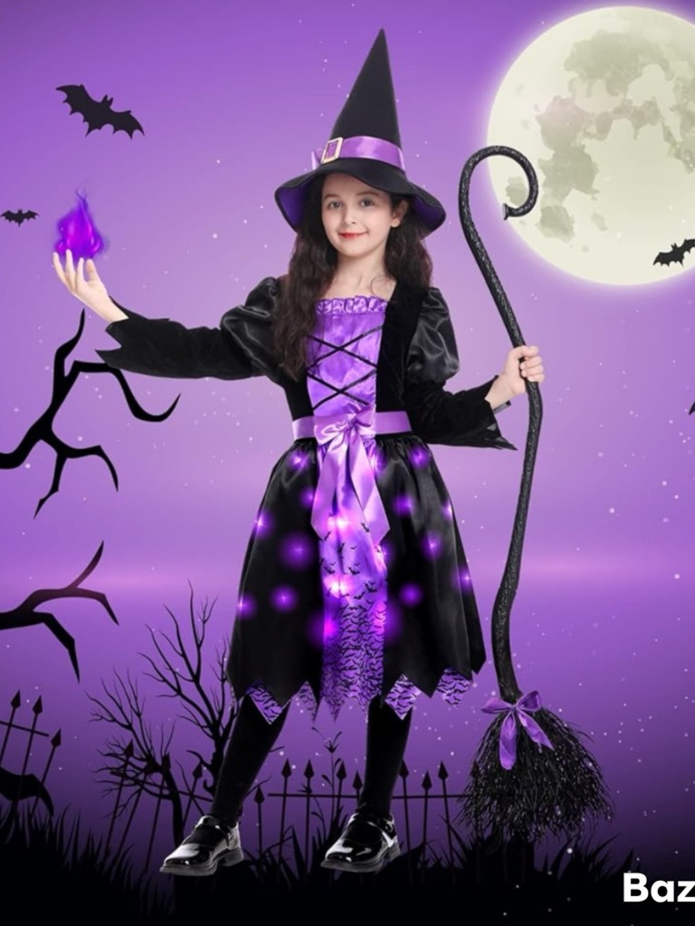 Sz 4-6 Light Up Halloween Witch Costume W/ Bows , Hat, And Broom Poshetion